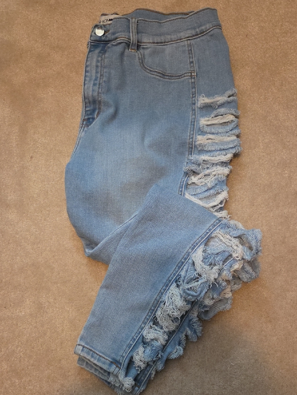Fashion Nova Light Blue Skinny Jeans with Distressed Fringe